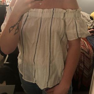 gold and grey striped off the shoulder top